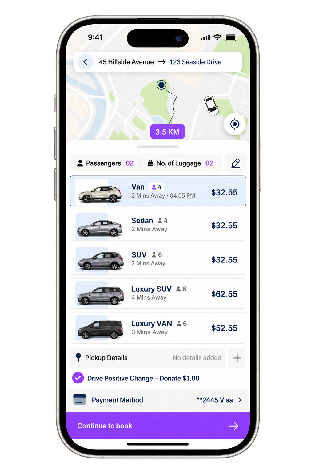 RIDEZEE app showing vehicle choices for booking a ride in Sint Maarten