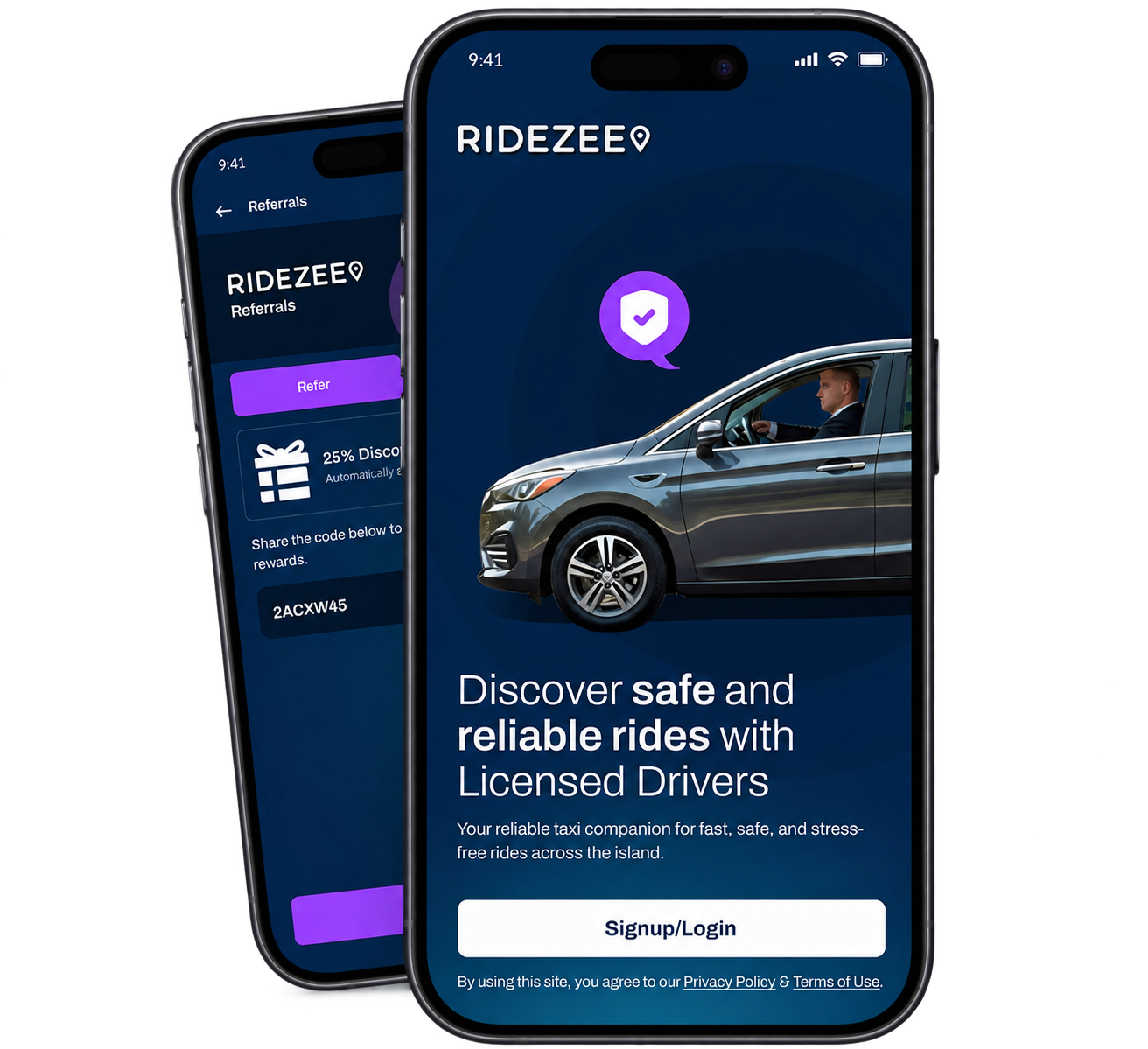 Two RIDEZEE iPhone screens: the welcome screen and the referrals screen